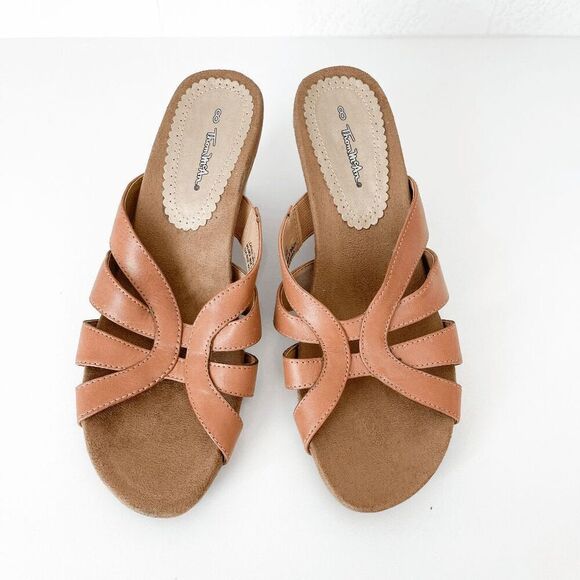 Thom McAn Womens Cross Wave Leather Studded Wedge Slide Sandals Brown Size 8 - Picture 3 of 7